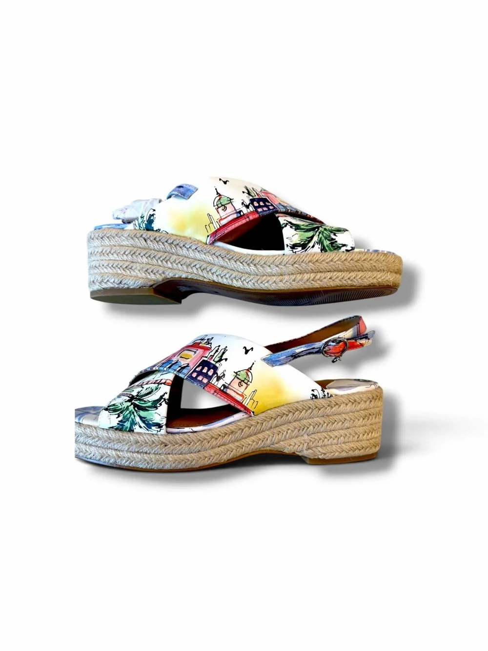 J.Renee White Espadrille Sandals with Multicolor Beach Print